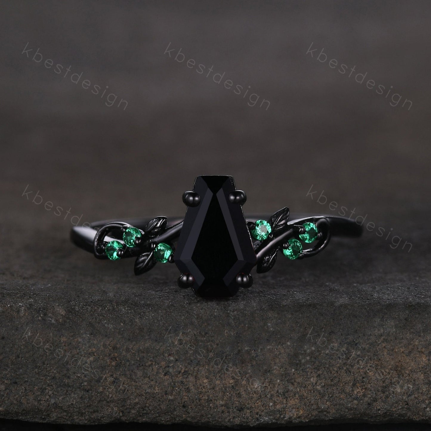 Coffin cut black onyx engagement ring Black gold ring Art deco leaf design emerald wedding ring nature inspired ring bridal promise ring