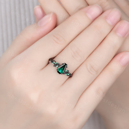 Vintage coffin green emerald engagement ring black gold twig leaf emerald wedding ring nature inspired ring art deco bridal promise ring