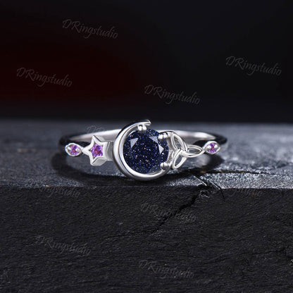 Celestial Star Moon Engagement Ring Art Deco Galaxy Starry Sky Blue Sandstone Wedding Ring Sterling Silver Trinity Knot Amethyst Ring Gifts