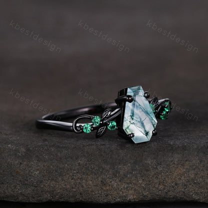 Green moss agate engagement ring Black gold ring Art deco leaf design emerald wedding ring unique coffin cut ring bridal promise ring