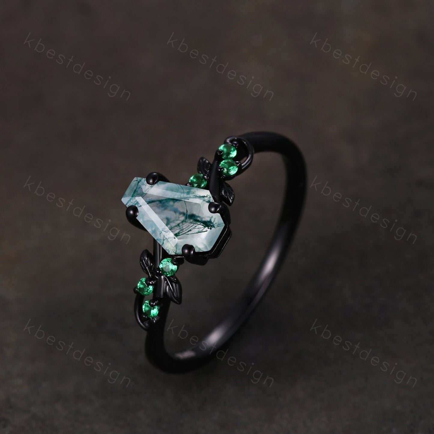 Green moss agate engagement ring Black gold ring Art deco leaf design emerald wedding ring unique coffin cut ring bridal promise ring