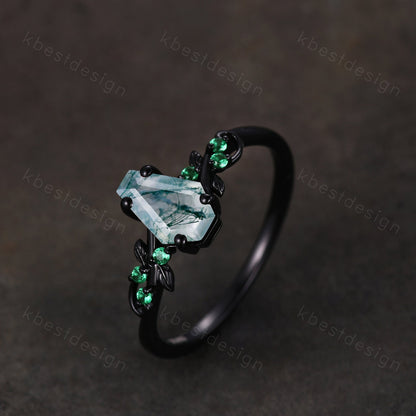 Green moss agate engagement ring Black gold ring Art deco leaf design emerald wedding ring unique coffin cut ring bridal promise ring