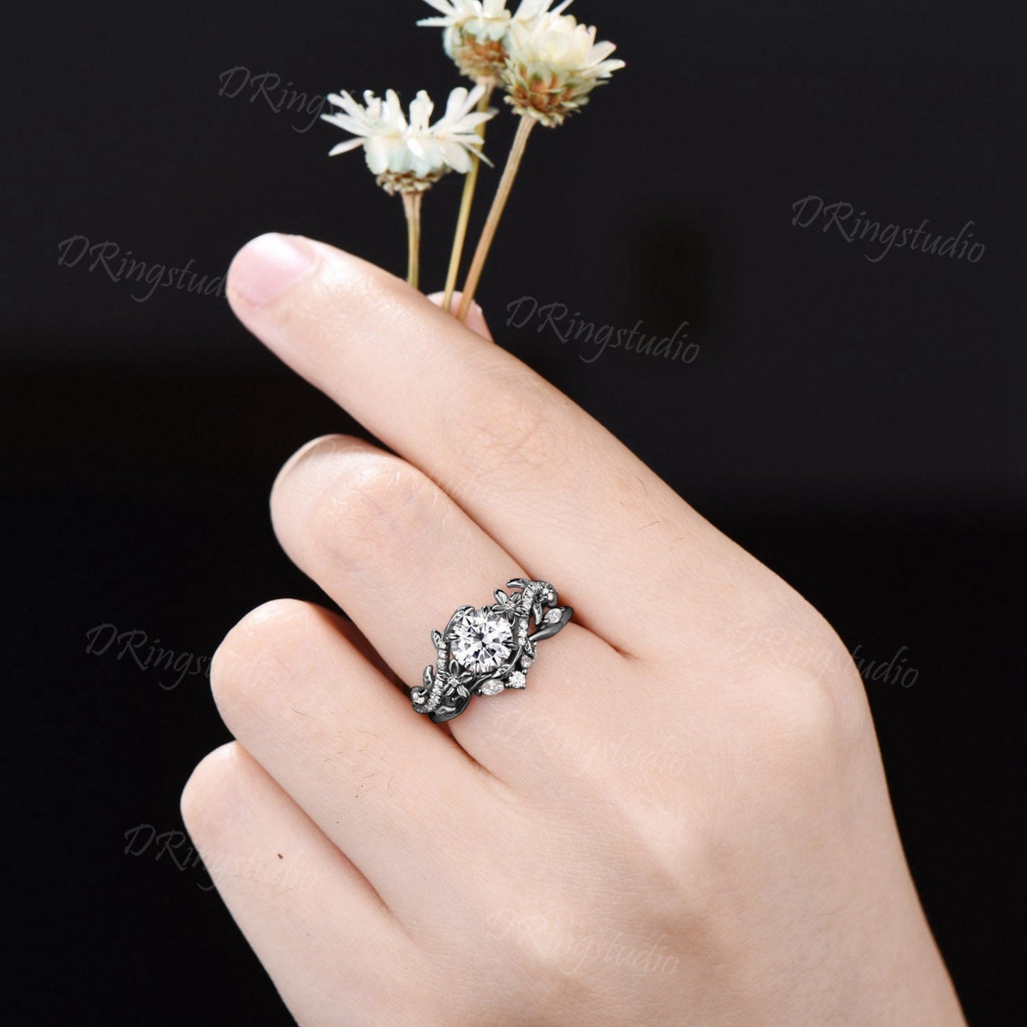 Gothic Black Gold Moissanite Engagement Ring Set Black Flower Promise Ring Set Leaf Vines Round Moissanite Wedding Ring Nature Inspired Ring