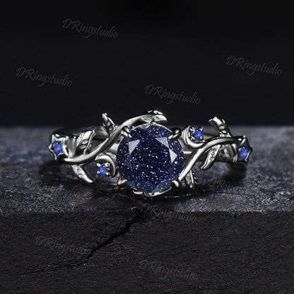 Black Gold Starry Sky Blue Sandstone Ring Branch Leaf Round Blue Goldstone Engagement Ring Moon Star Sapphire Ring Black Promise Ring Gifts