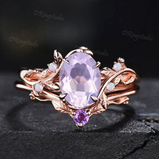 Vintage Lavender Amethyst Ring Nature Inspired Oval Amethyst Engagement Ring Set Rose Gold Leaf Vine Opal Wedding Ring Proposal Women Gifts