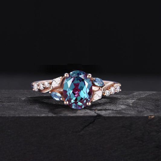 14K Gold Oval Alexandrite Wedding Ring Double Snake Engagement Ring Cluster Diamond Wedding Ring Unique Serpent Ring Proposal Gift for Her