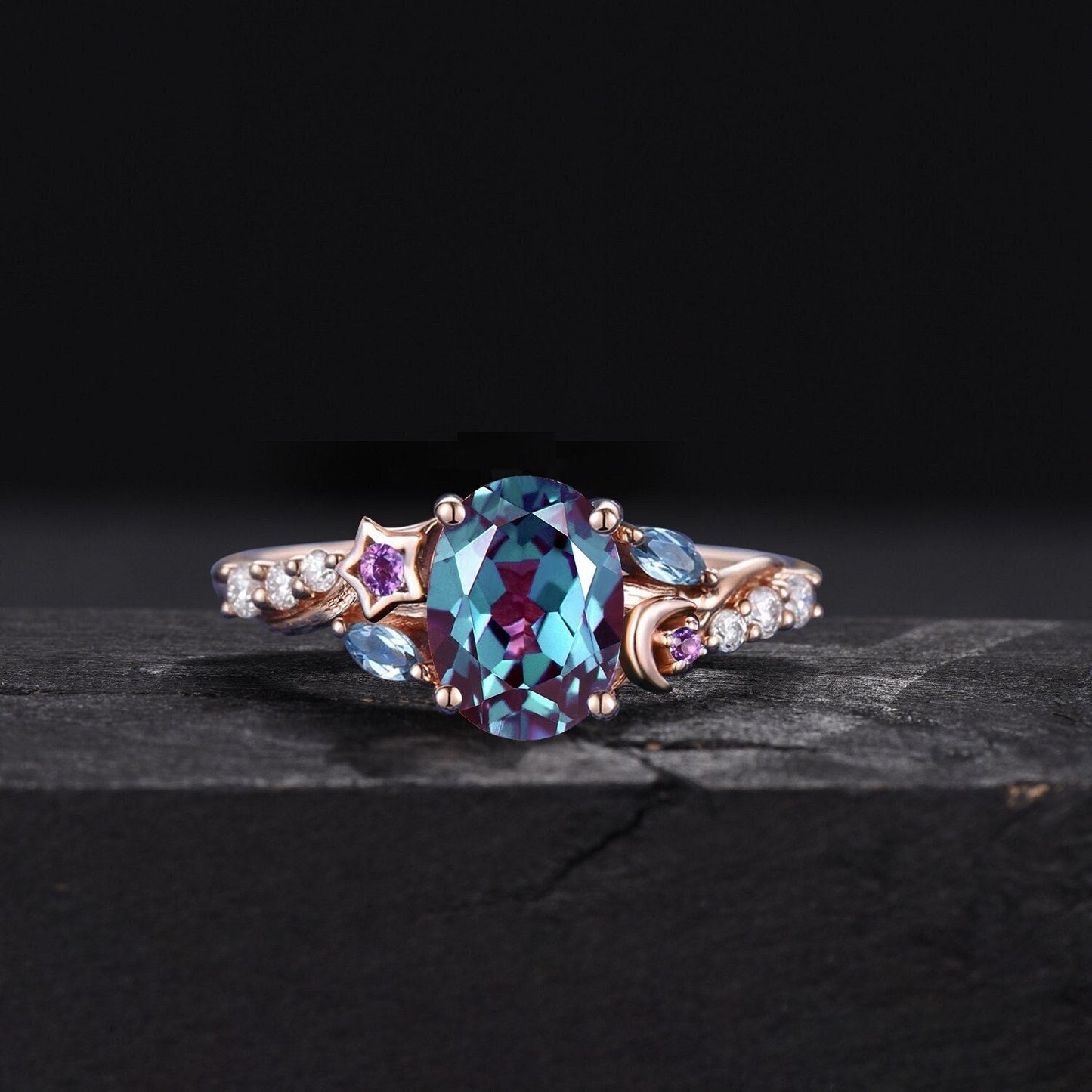 Moon Star Design Alexandrite Engagement Ring Antique Oval Alexandrite Ring Cluster Topaz Moissanite Wedding Ring Celestial Ring Women Gifts