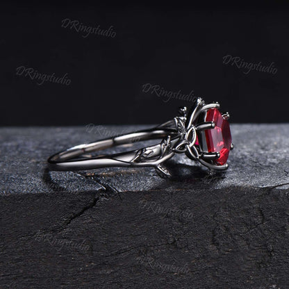 Twist Leaf Ruby Engagement Ring Nature Inspired 1ct Hexagon Cut Ruby Ring Art Deco Celtic Knot Wedding Ring July Birthstone Anniversary Gift