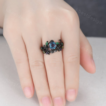 Vintage round cut alexandrite engagement ring black gold art deco cluster leaf wedding ring set nature inspired bridal promise ring for her