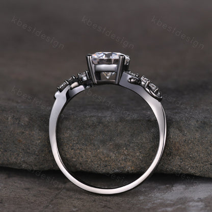 Nature inspired moissanite engagement ring black gold ring for women twig leaf design wedding ring unique art deco bridal anniversary ring