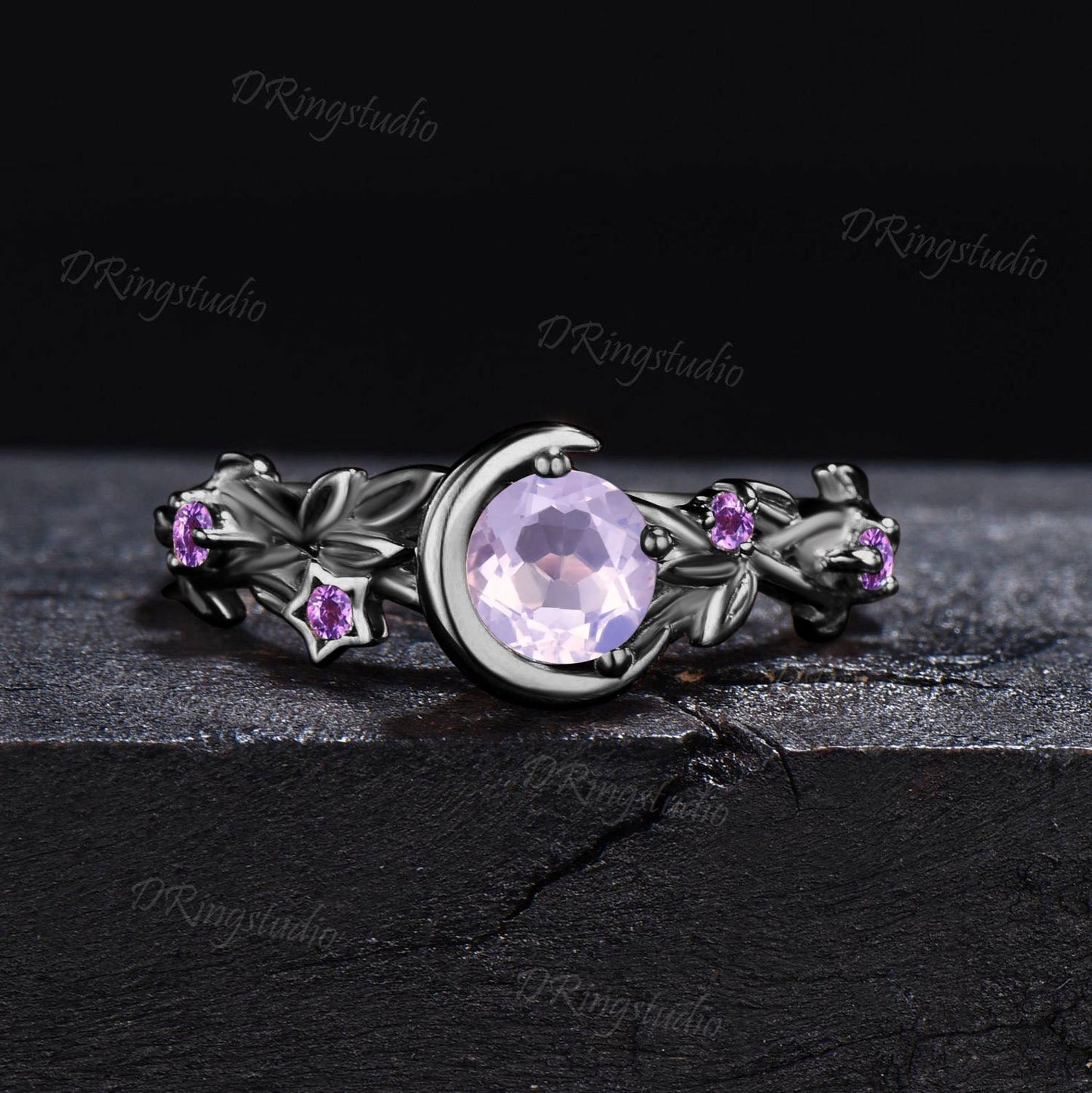 Nature Inspired Natural Lavender Amethyst Engagement Ring Moon Star Design 5mm Round Light Amethyst Ring Branch Leaf Amethyst Wedding Rings