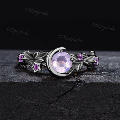 Nature Inspired Natural Lavender Amethyst Engagement Ring Moon Star Design 5mm Round Light Amethyst Ring Branch Leaf Amethyst Wedding Rings