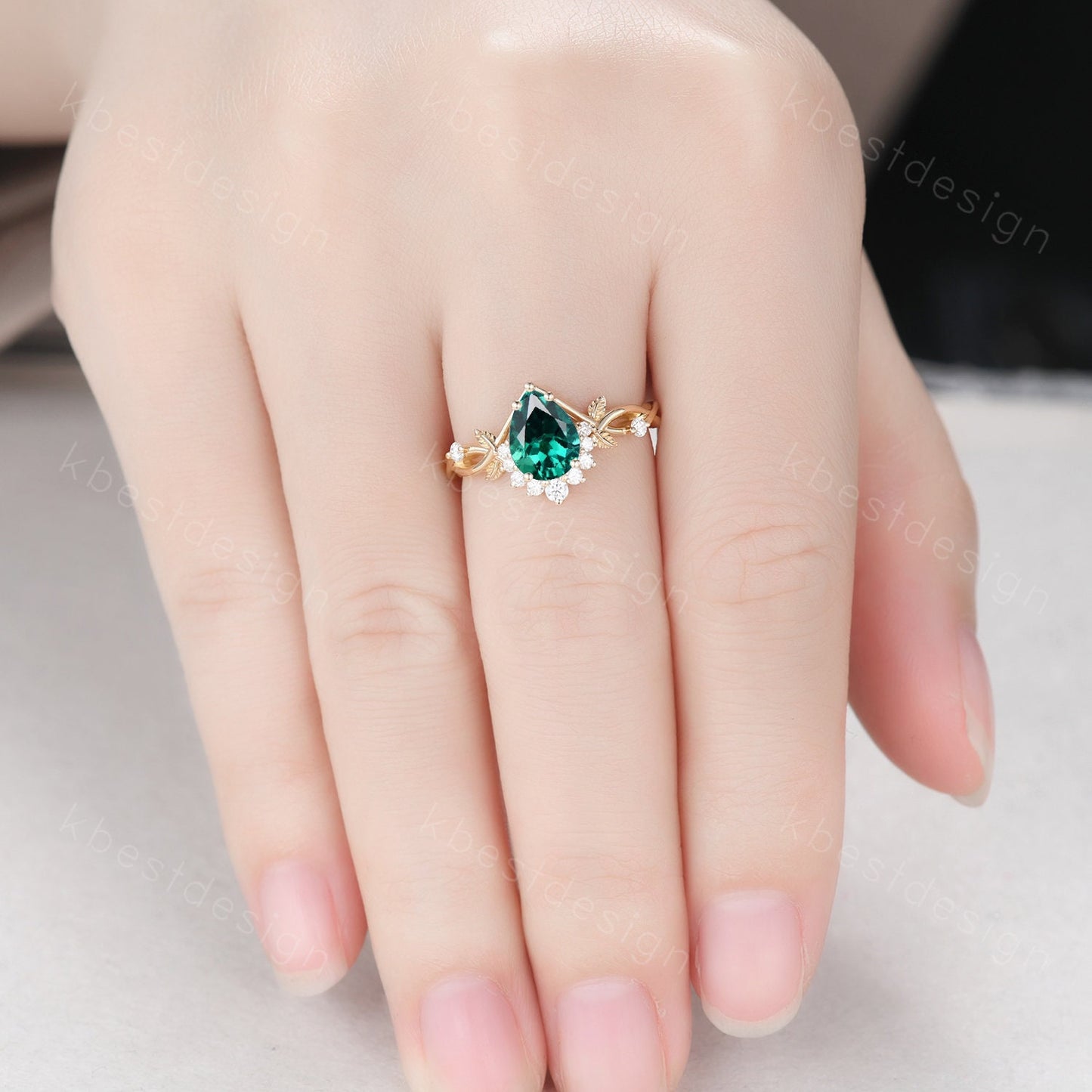 Vintage pear green emerald engagement ring yellow gold twig leaf wedding ring nature inspired ring art deco moissanite bridal promise ring