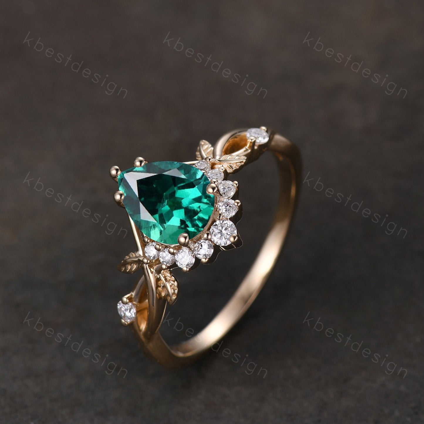 Vintage pear green emerald engagement ring yellow gold twig leaf wedding ring nature inspired ring art deco moissanite bridal promise ring
