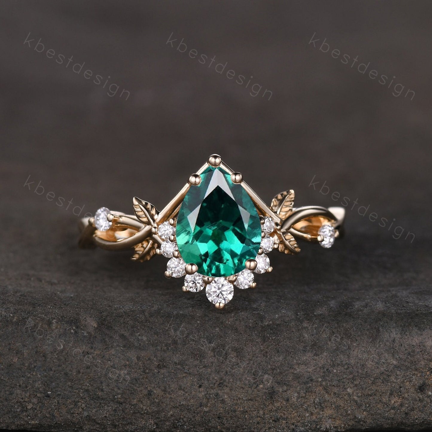 Vintage pear green emerald engagement ring yellow gold twig leaf wedding ring nature inspired ring art deco moissanite bridal promise ring