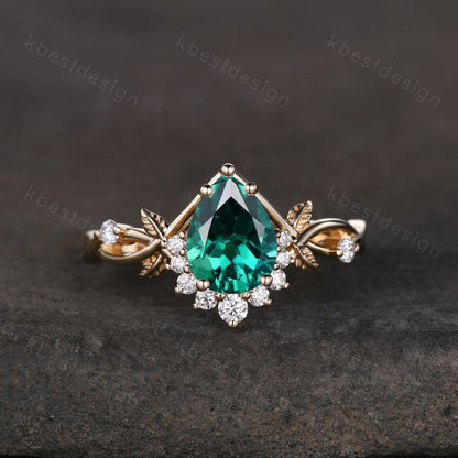 Vintage pear green emerald engagement ring yellow gold twig leaf wedding ring nature inspired ring art deco moissanite bridal promise ring
