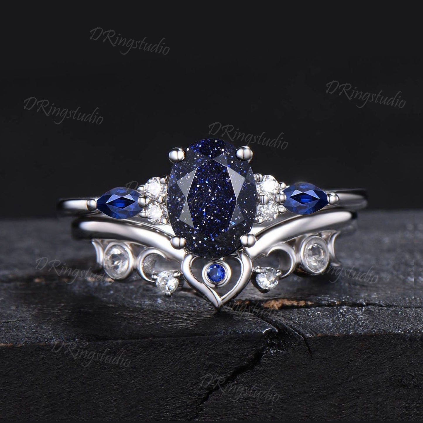 Galaxy Sandstone Ring Sterling Silver Oval Blue Sandstone Engagement Ring Celestial Moon Sapphire Cluster Ring Unique Heart Ring Women Gifts