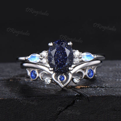 Galaxy Sandstone Ring Sterling Silver Oval Blue Sandstone Engagement Ring Celestial Moon Sapphire Cluster Ring Unique Heart Ring Women Gifts