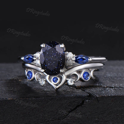 Galaxy Sandstone Ring Sterling Silver Oval Blue Sandstone Engagement Ring Celestial Moon Sapphire Cluster Ring Unique Heart Ring Women Gifts