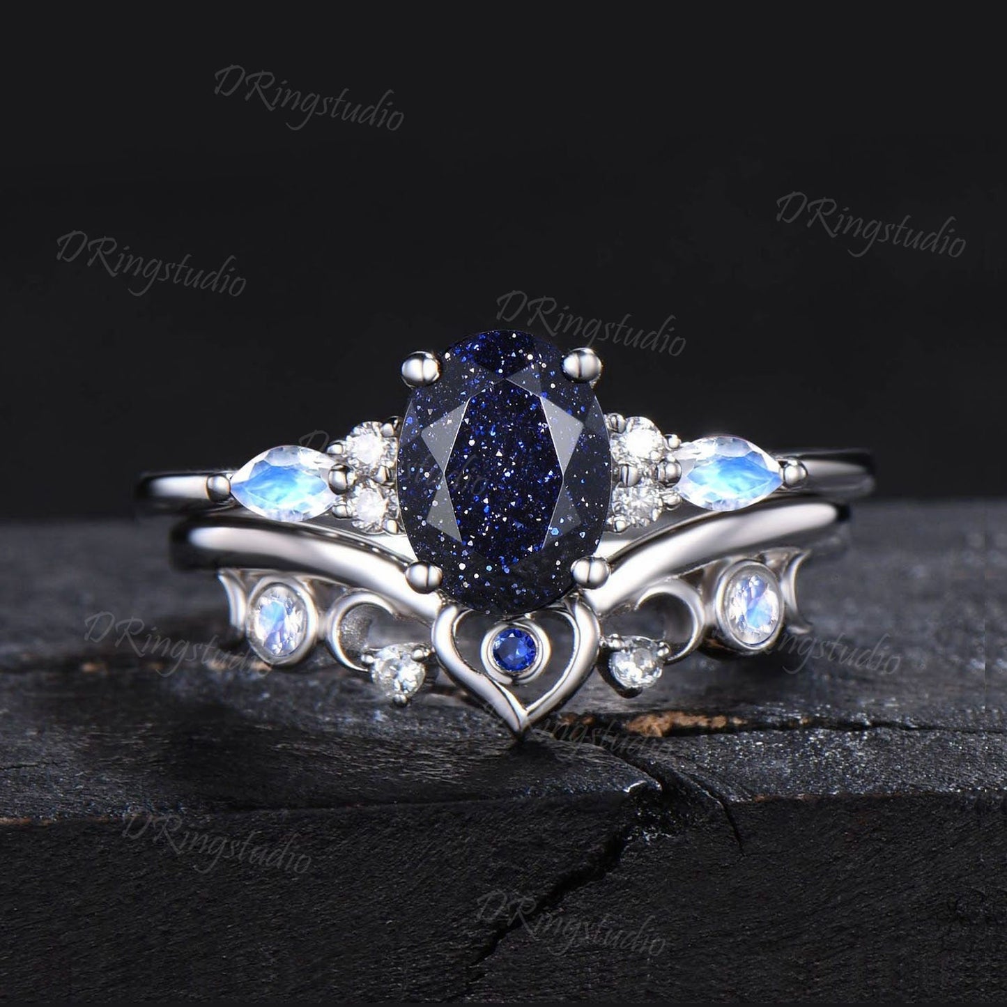 Galaxy Sandstone Ring Sterling Silver Oval Blue Sandstone Engagement Ring Celestial Moon Sapphire Cluster Ring Unique Heart Ring Women Gifts