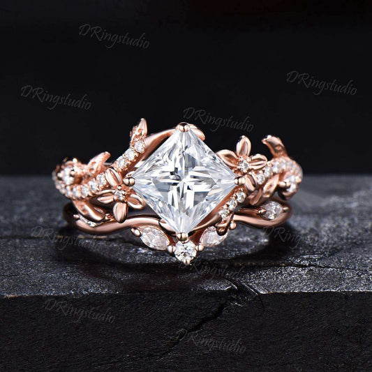 Vintage Princess Cut Moissanite Engagement Ring Set Floral Moissanite Bridal Ring Branch Wedding Ring Nature inspired ring Anniversary Gifts