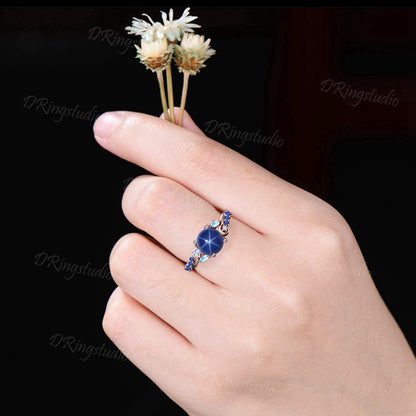 14k Rose Gold Blue Lindy Star Ring 7mm Round Star Sapphire Engagement Ring Vintage Cluster Blue Stone Promise Ring Moon Star Ring Women Gift