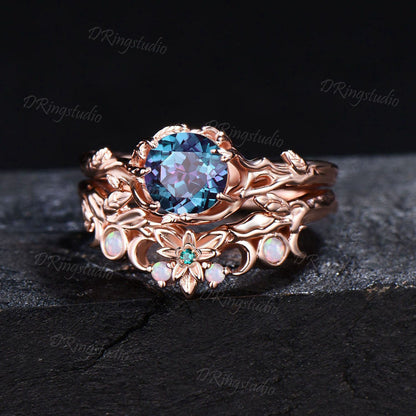 Rose Gold Leaf Round Alexandrite Bridal Ring Set Unique Branch Engagement Ring Flower Opal Wedding Ring June Birthstone Jewelry Promise Gift