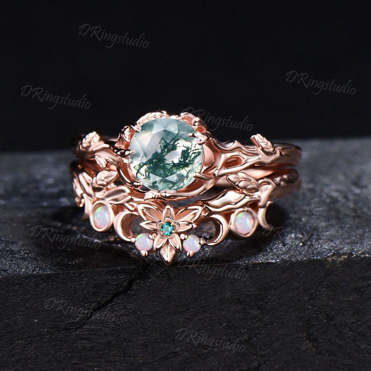 Nature Inspired Round Moss Agate Engagement Ring Leaf Texture Opal Ring 14k Rose Gold Moon Leaf Green Agate Bridal Ring Set Anniversary Gift