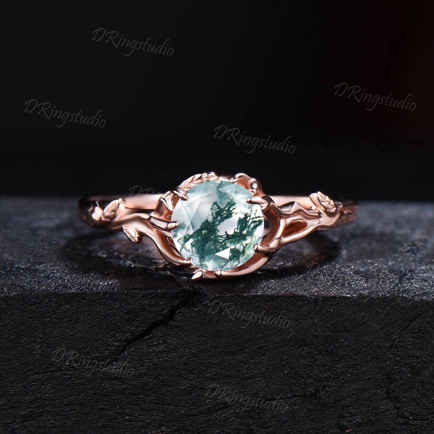 Nature Inspired Round Moss Agate Engagement Ring Leaf Texture Opal Ring 14k Rose Gold Moon Leaf Green Agate Bridal Ring Set Anniversary Gift