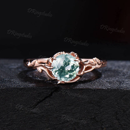 Nature Inspired Round Moss Agate Engagement Ring Leaf Texture Opal Ring 14k Rose Gold Moon Leaf Green Agate Bridal Ring Set Anniversary Gift