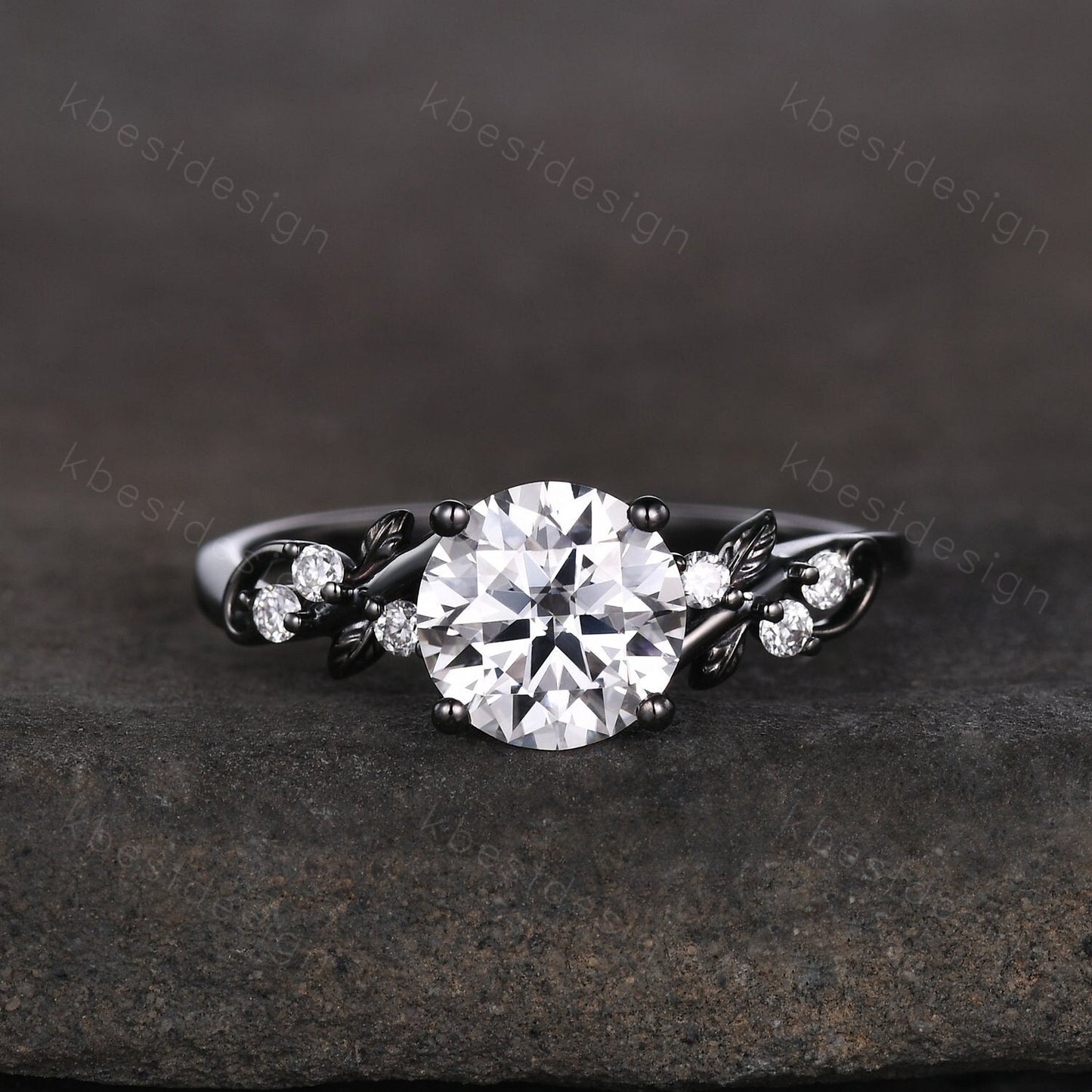 Nature inspired moissanite engagement ring black gold ring for women twig leaf design wedding ring unique art deco bridal anniversary ring