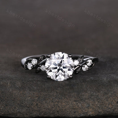 Nature inspired moissanite engagement ring black gold ring for women twig leaf design wedding ring unique art deco bridal anniversary ring