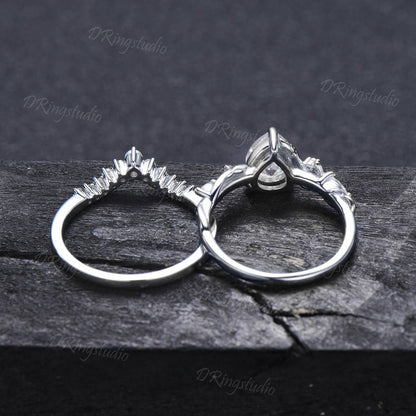 Twig Moissanite Engagement Ring Sterling Silver Pear Moissanite Bridal Set Branch Leaf Wedding Ring Cluster Moissanite Ring Anniversary Gift