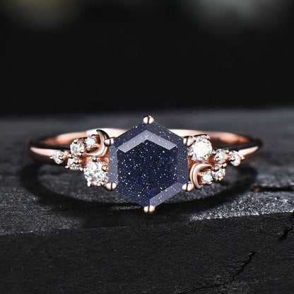 Snowdrift Design Blue Sandstone Ring Galaxy Celestial Moon Ring Rose Gold Hexagon Blue Goldstone Engagement Ring Cluster Blue Gemstone Ring