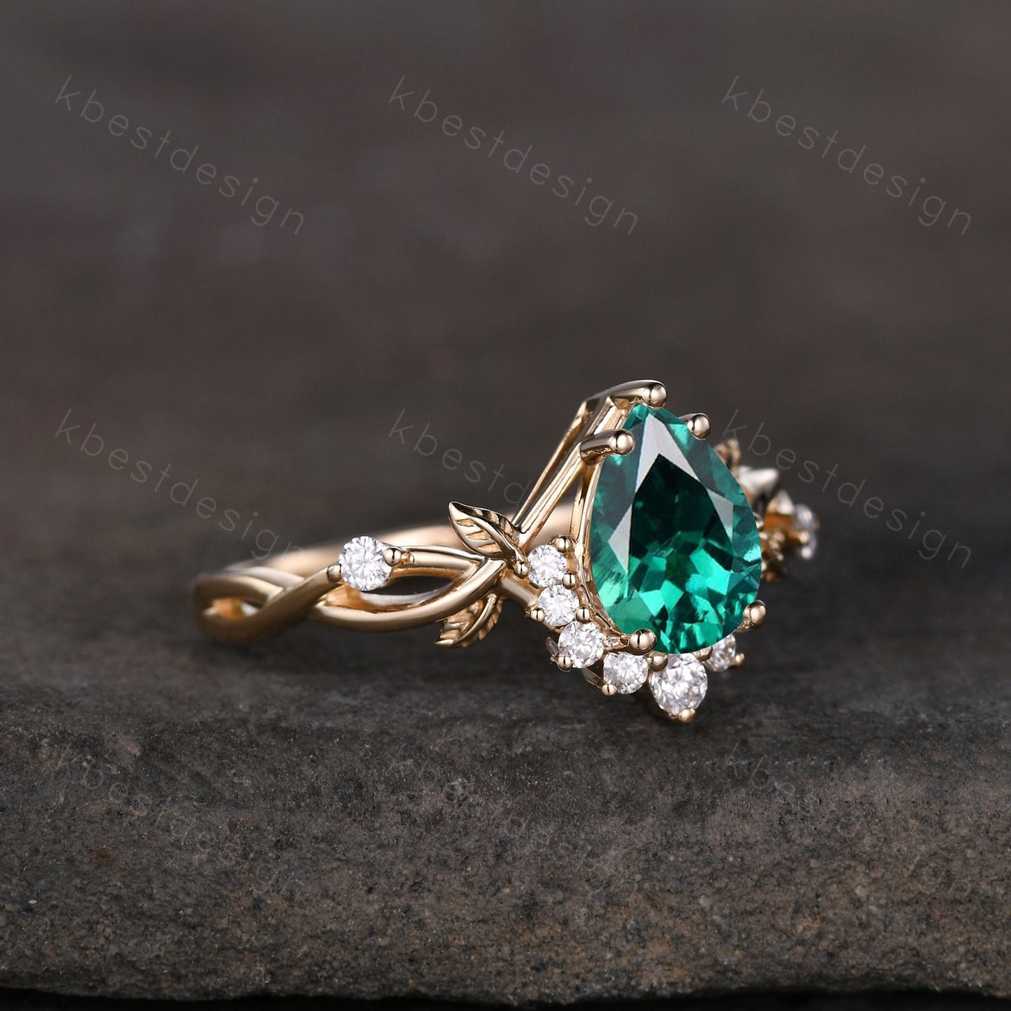 Vintage pear green emerald engagement ring yellow gold twig leaf wedding ring nature inspired ring art deco moissanite bridal promise ring