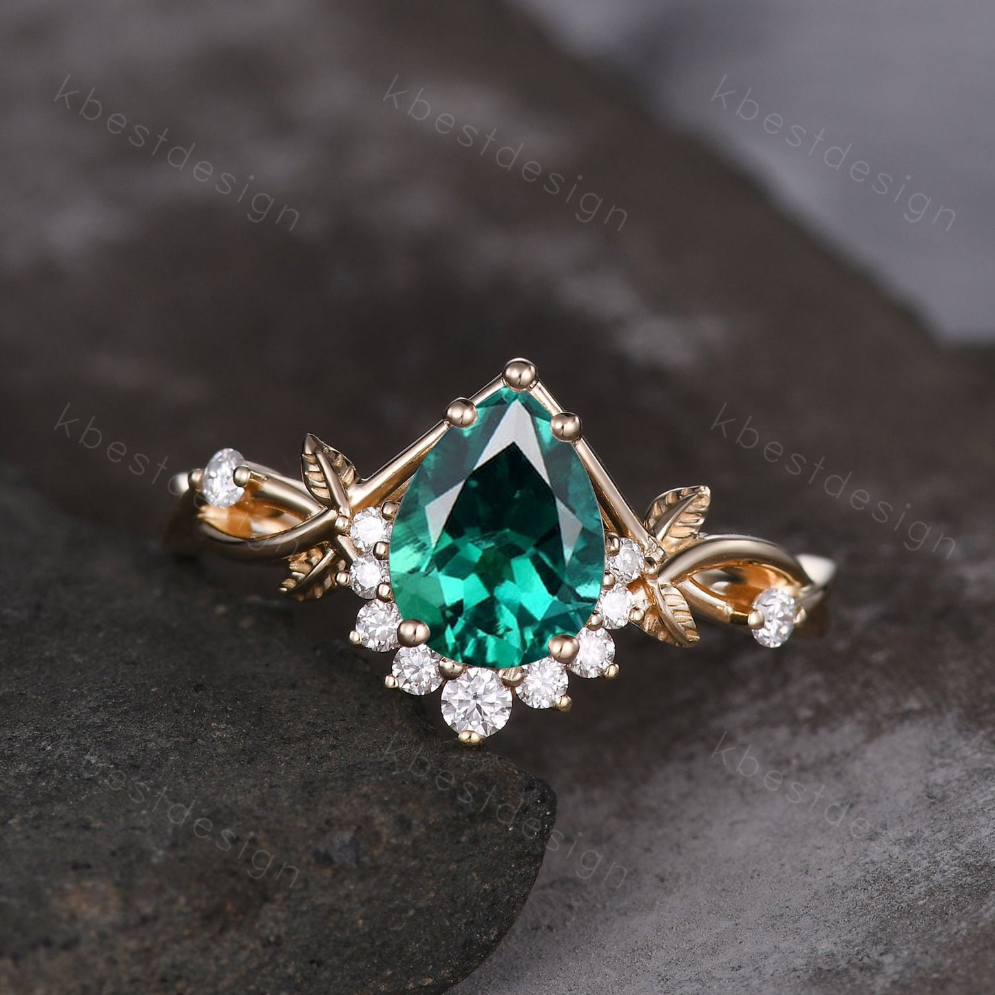 Vintage pear green emerald engagement ring yellow gold twig leaf wedding ring nature inspired ring art deco moissanite bridal promise ring