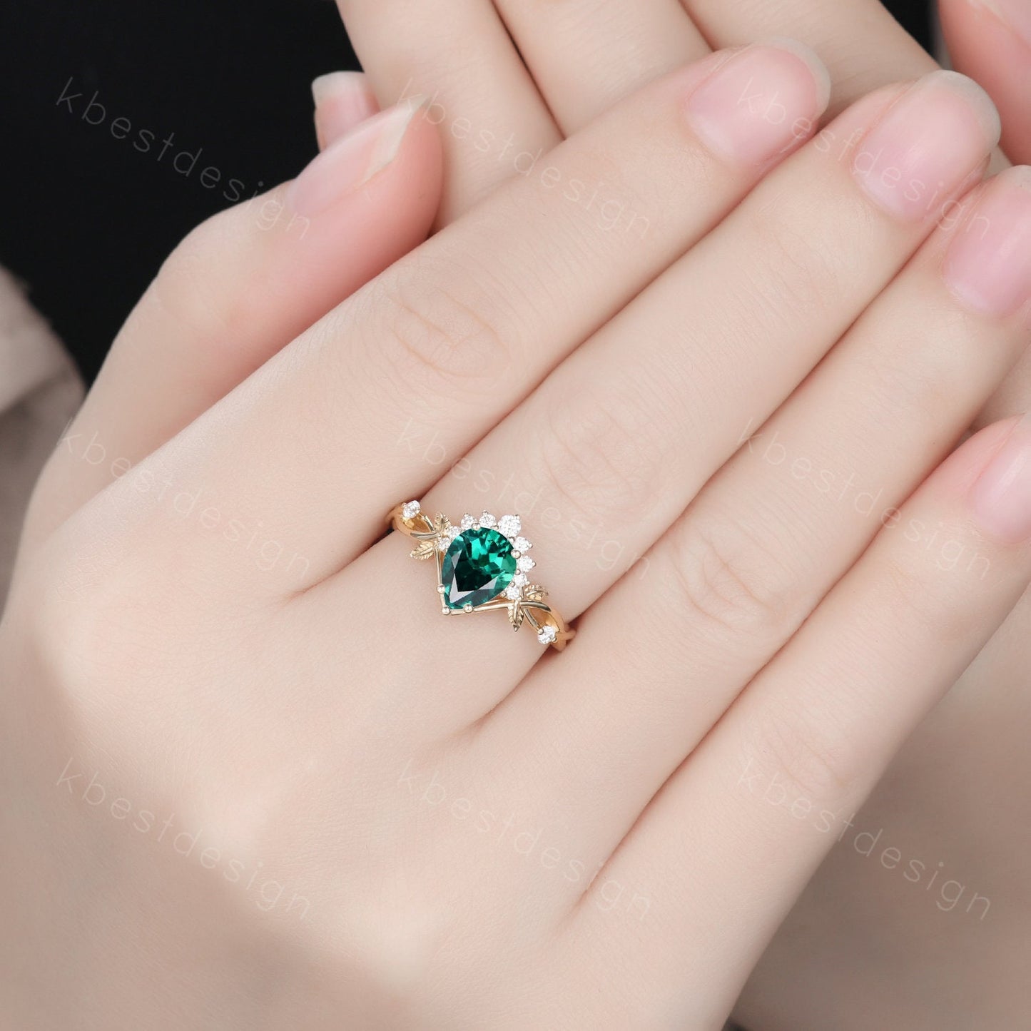 Vintage pear green emerald engagement ring yellow gold twig leaf wedding ring nature inspired ring art deco moissanite bridal promise ring