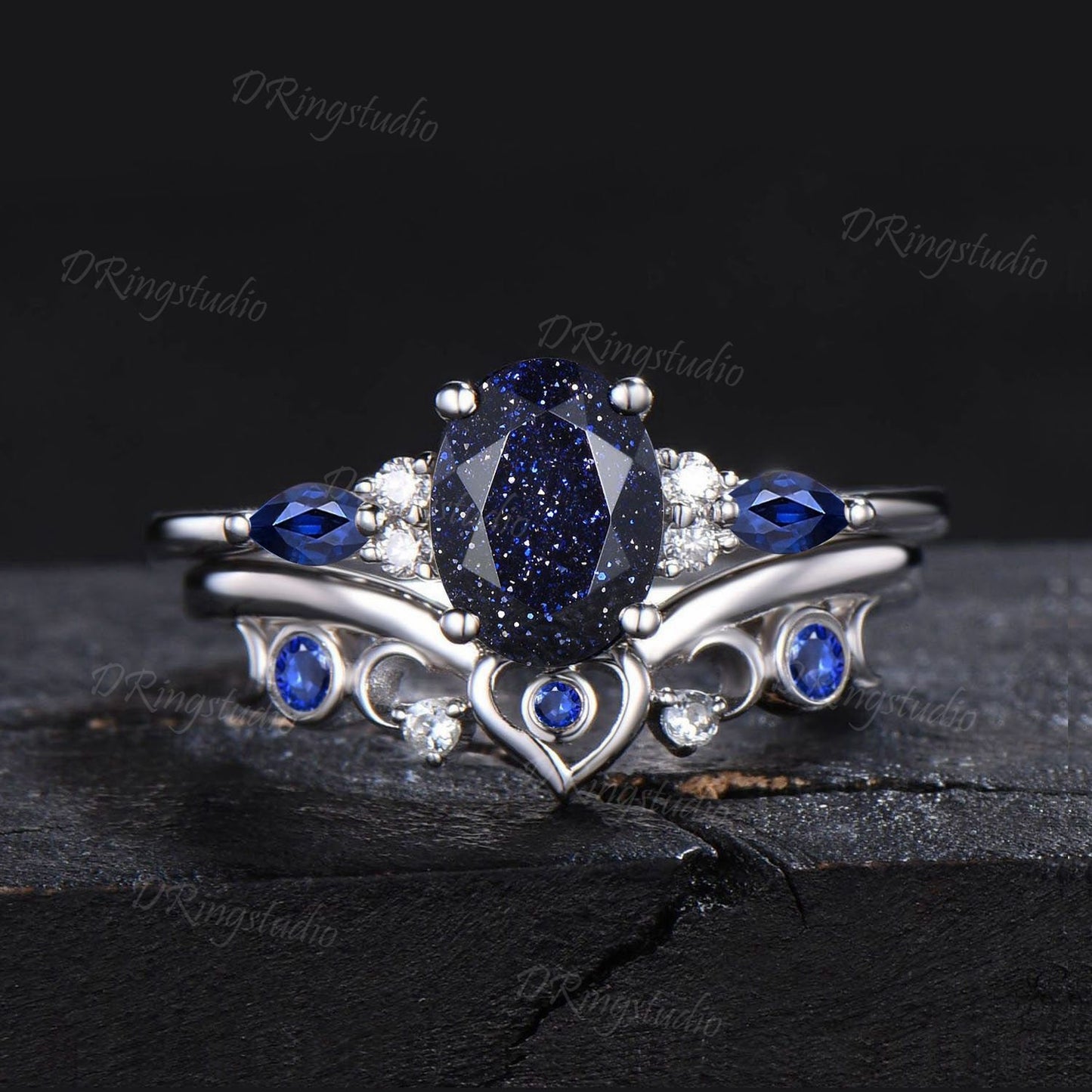 Galaxy Sandstone Ring Sterling Silver Oval Blue Sandstone Engagement Ring Celestial Moon Sapphire Cluster Ring Unique Heart Ring Women Gifts