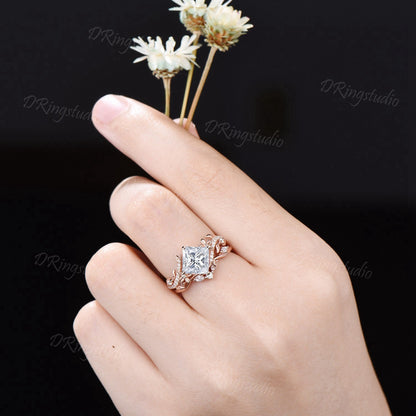 Vintage Princess Cut Moissanite Engagement Ring Set Floral Moissanite Bridal Ring Branch Wedding Ring Nature inspired ring Anniversary Gifts