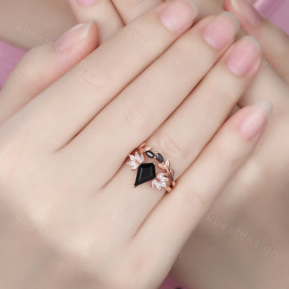 Vintage black onyx engagement ring kite cut ring rose gold ring art deco leaf stacking band unique moissanite cluster wedding ring set