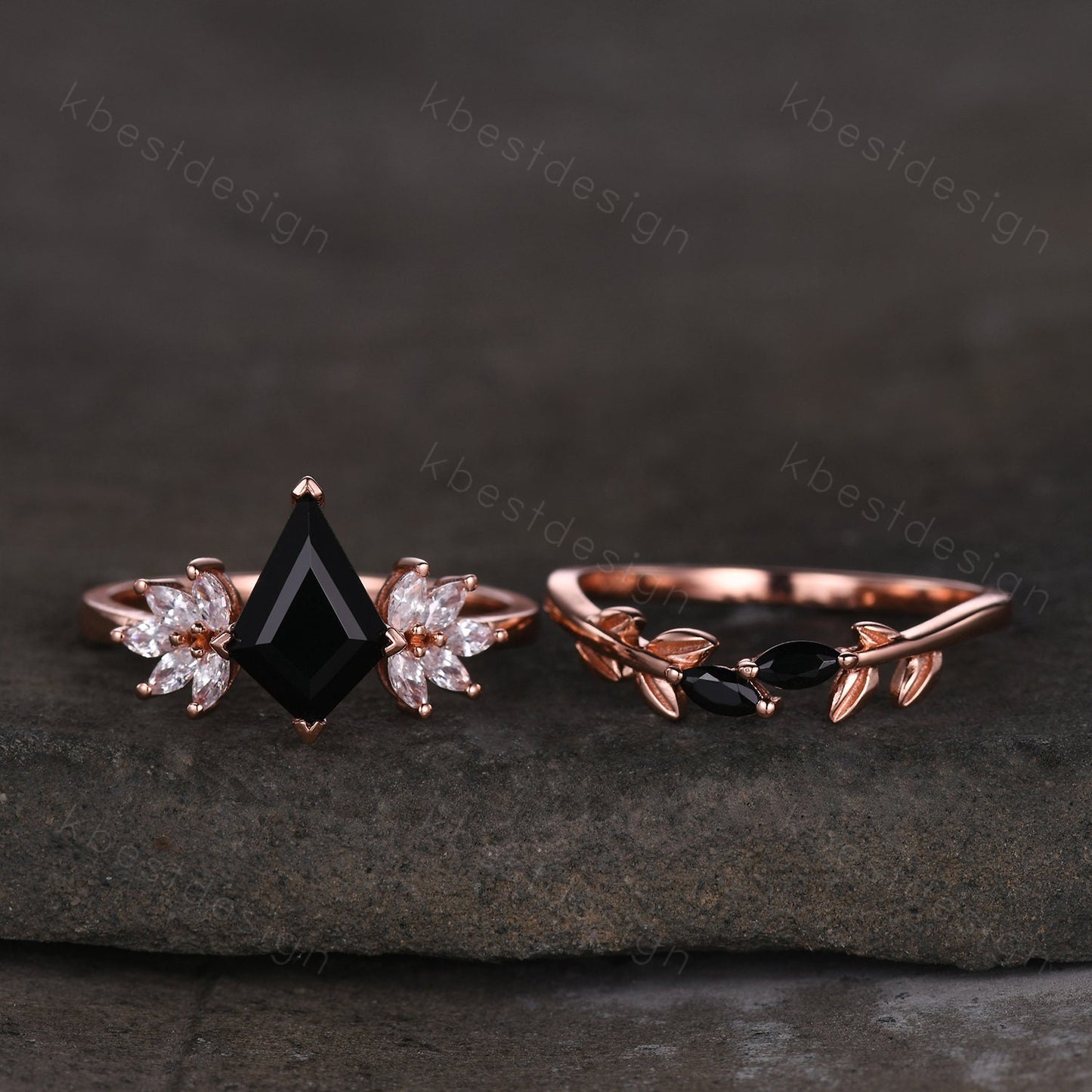 Vintage black onyx engagement ring kite cut ring rose gold ring art deco leaf stacking band unique moissanite cluster wedding ring set