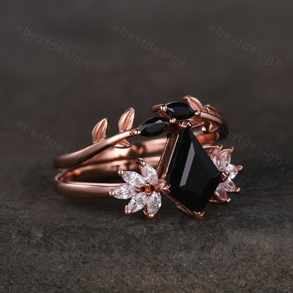 Vintage black onyx engagement ring kite cut ring rose gold ring art deco leaf stacking band unique moissanite cluster wedding ring set