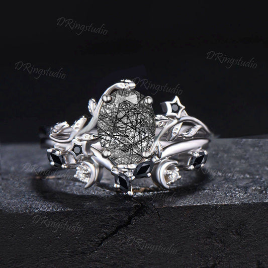 Silver Natural Black Rutilated Quartz Bridal Ring Set Moon Star Design Black Crystal Engagement Ring Black Spinel Wedding Ring Proposal Gift