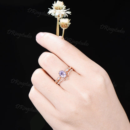 Vintage Oval Lavender Amethyst Ring Bridal Set 14k Gold Opal Moissanite Engagement Ring Purple Crystal Milgrain Ring Proposal Gift for Women