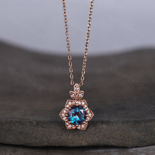 Vintage round Alexandrite necklace antique moissanite halo pendant necklace rose gold color changing stone ring June Birthstone gift for her