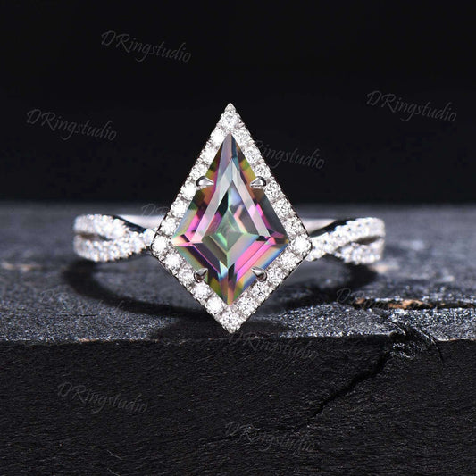 Unique Kite Cut Magical Mystic Topaz Engagement Ring Silver Eternity Infinity Twisted Mystic Rainbow Topaz Ring Halo Moissanite Wedding Ring