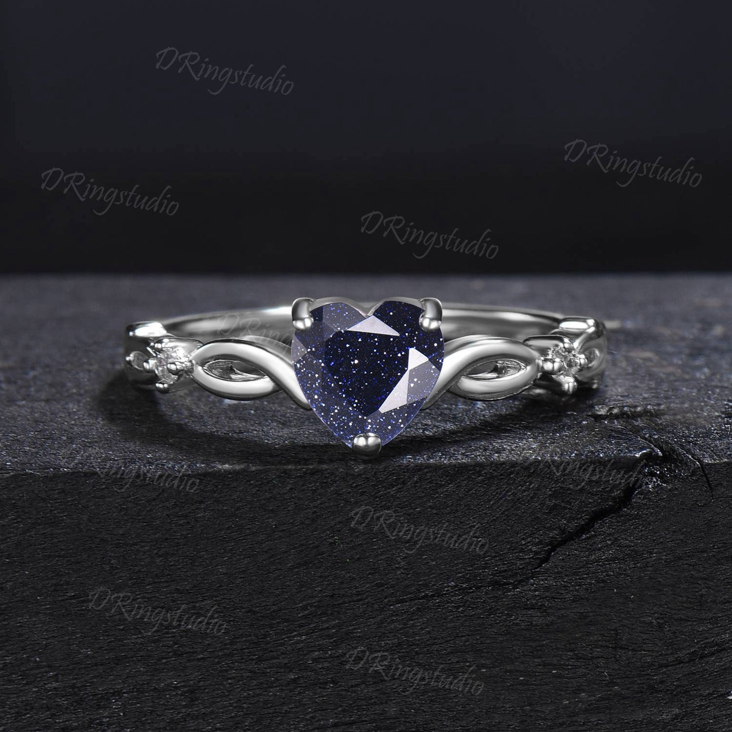 Unique Heart Shaped Blue Sandstone Engagement Ring Twist Shank Galaxy Sandstone Wedding Ring Set Celtic Knot Moissanite Ring Gift For Women