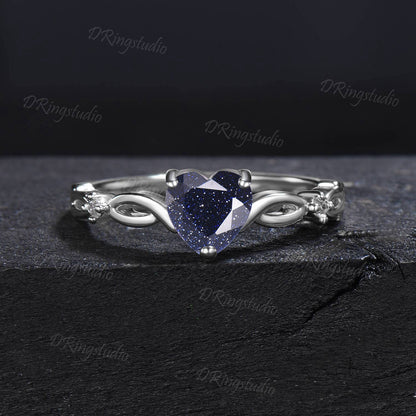 Unique Heart Shaped Blue Sandstone Engagement Ring Twist Shank Galaxy Sandstone Wedding Ring Set Celtic Knot Moissanite Ring Gift For Women