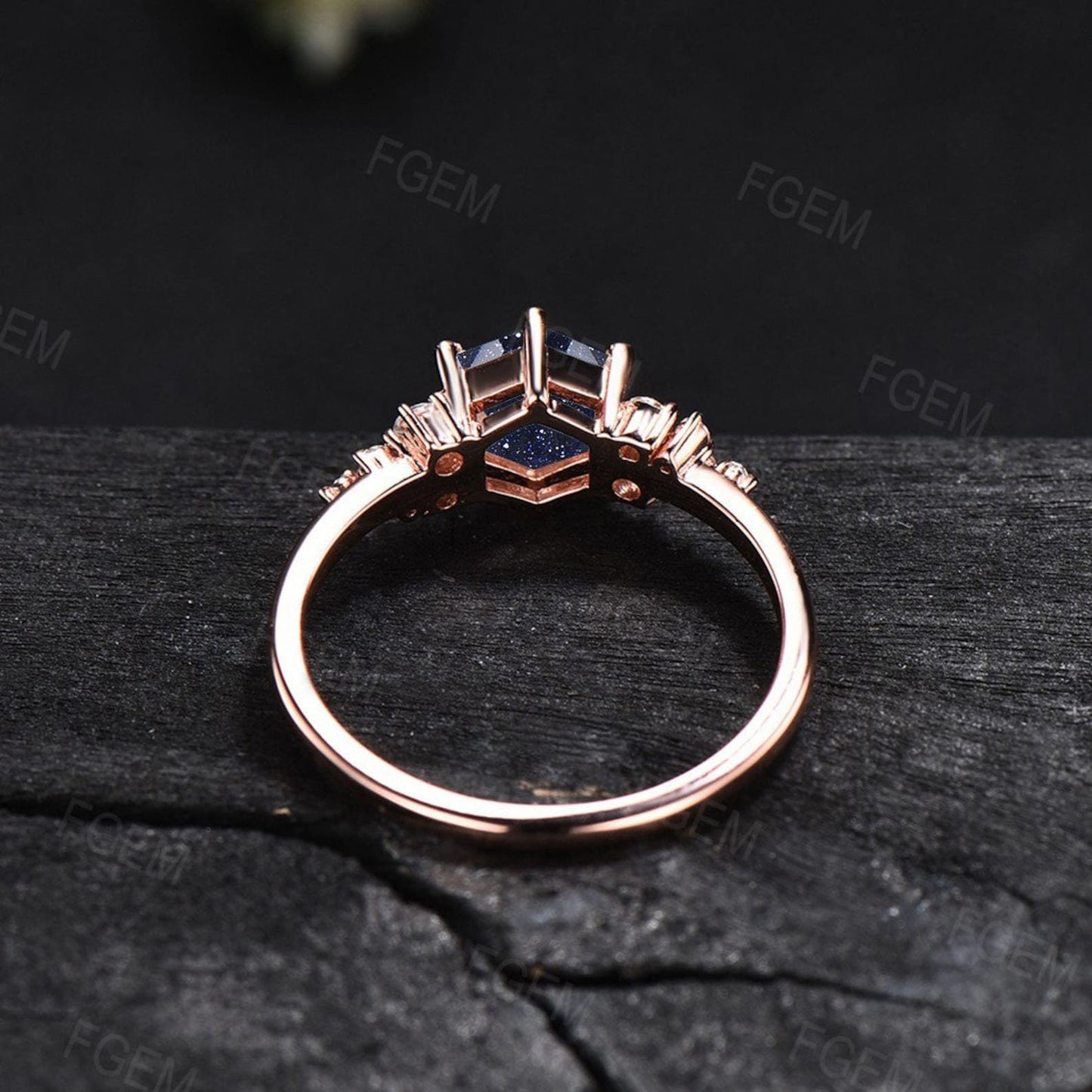 Snowdrift Design Blue Sandstone Ring Galaxy Celestial Moon Ring Rose Gold Hexagon Blue Goldstone Engagement Ring Cluster Blue Gemstone Ring