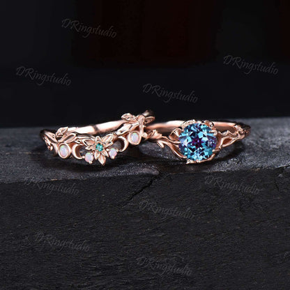 Rose Gold Leaf Round Alexandrite Bridal Ring Set Unique Branch Engagement Ring Flower Opal Wedding Ring June Birthstone Jewelry Promise Gift